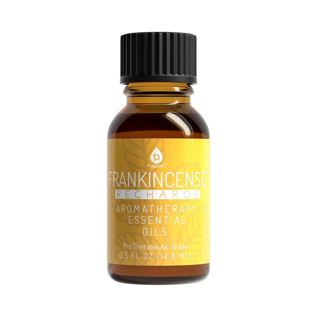 Bottle of Frankincense essential oil with a yellow label on a white background