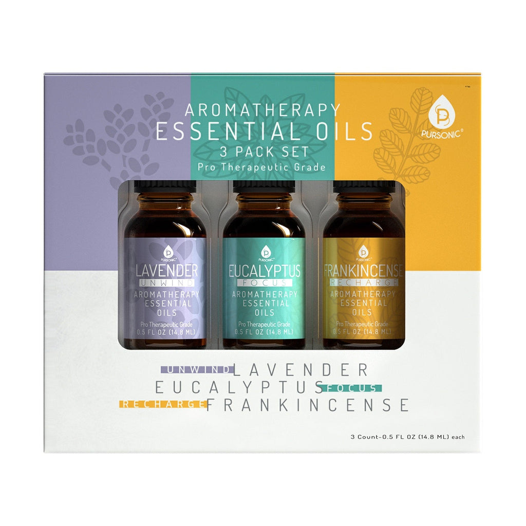 Aromatherapy essential oils 3-pack set with lavender, eucalyptus, and frankincense bottles in a colorful box.